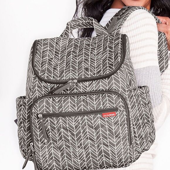 Skip Hop Forma Backpack Diaper Bag – Grey Feather Print Quilted Nylon - Picture 1 of 11